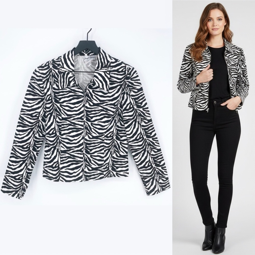 Vintage Joseph Ribkoff Zip Up Zebra Print Jacket Black White Size 8